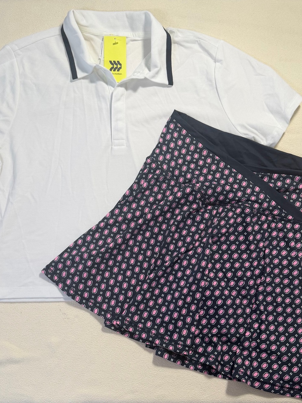 all in motion athletic set White Polo and Navy Skater Skirt with Pink Design
